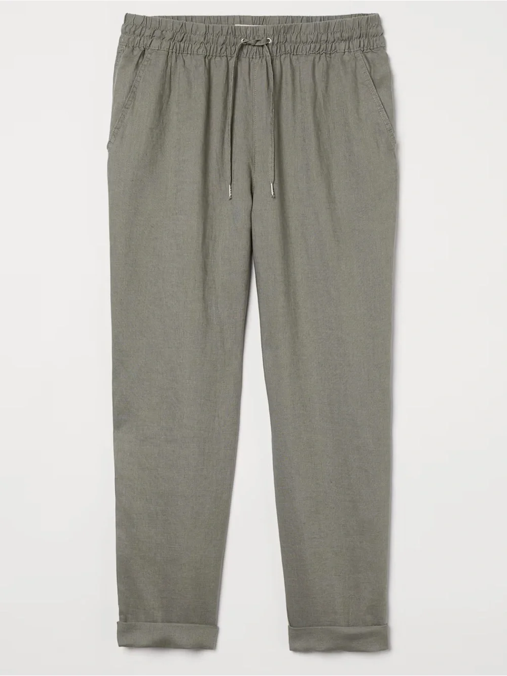 H&M khaki Green Drawstring 100% Linen Womens Pants Sz-6. FF13